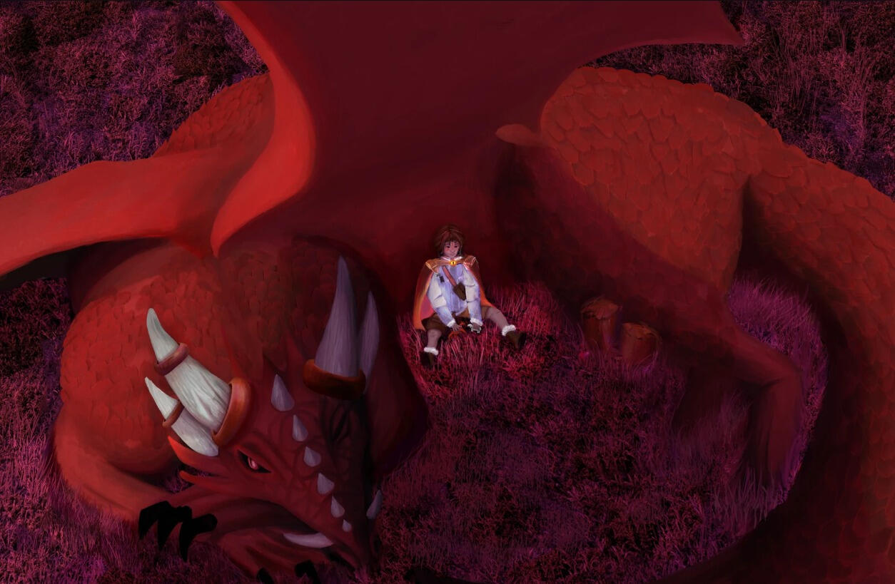 Dramatic character illustration of an anthropomorphic tiger seated beneath vivid magenta and blue light.
