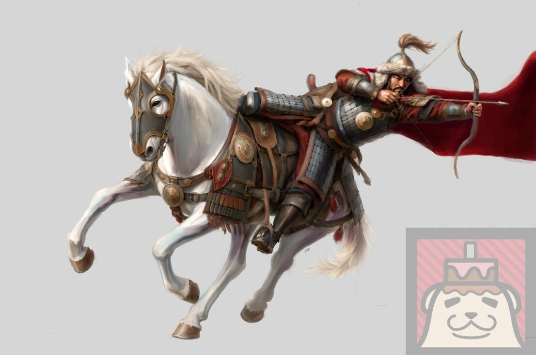 Genghis Khan — Historical Character Concept Historical character concept showing Genghis Khan drawing a bow while mounted on an armored white horse.
