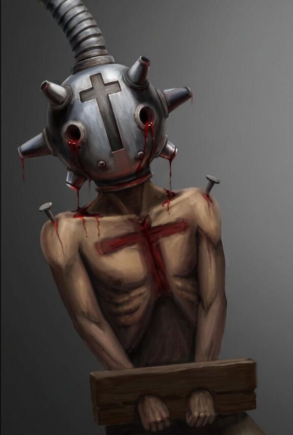 Front character concept of a restrained penitent wearing the engine of absolution helm and ritual wounds.
