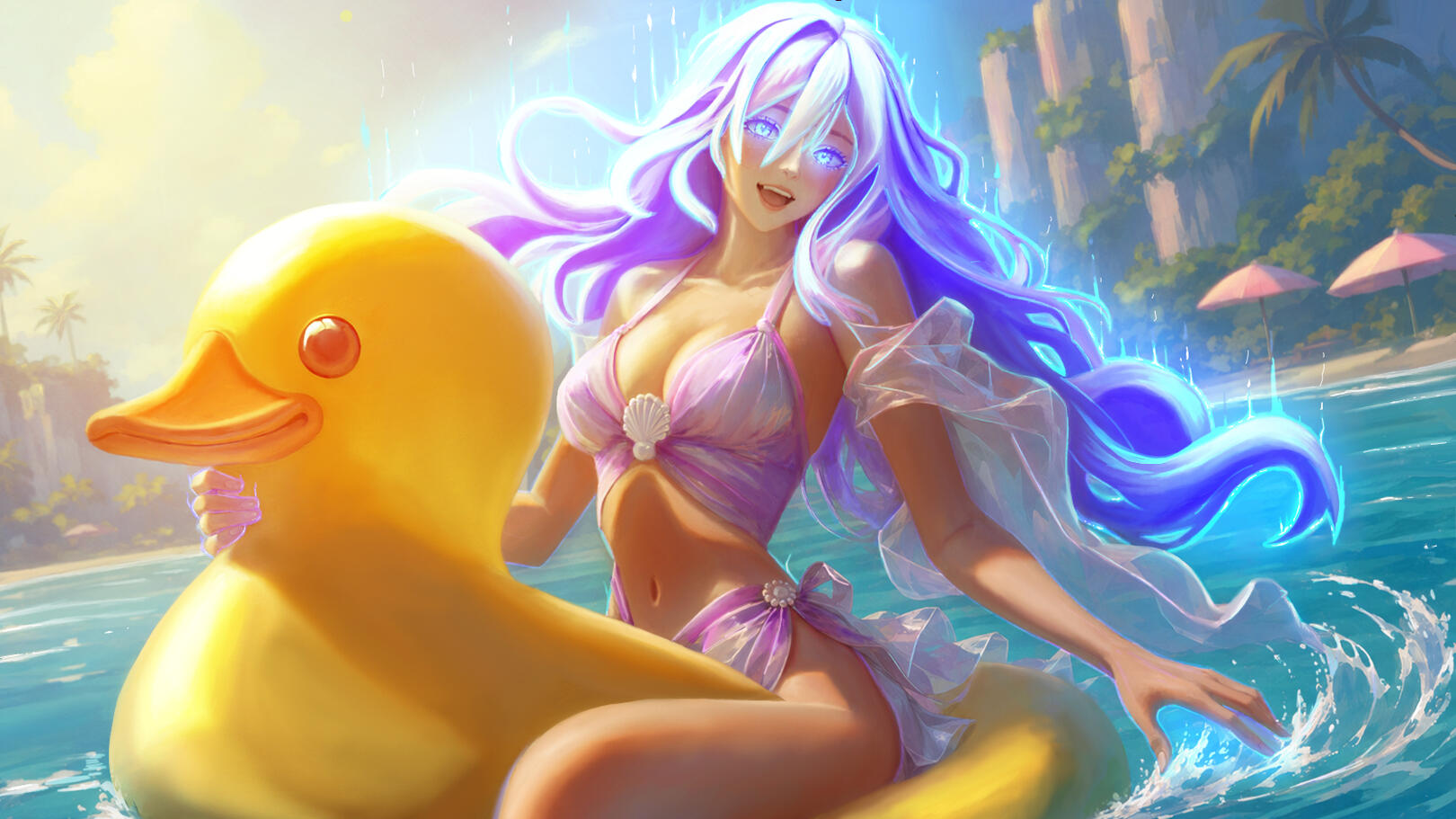 Tidal Reverie — Splash Art Vibrant fantasy splash art featuring a silver-haired woman at a tropical beach with a giant yellow duck float.